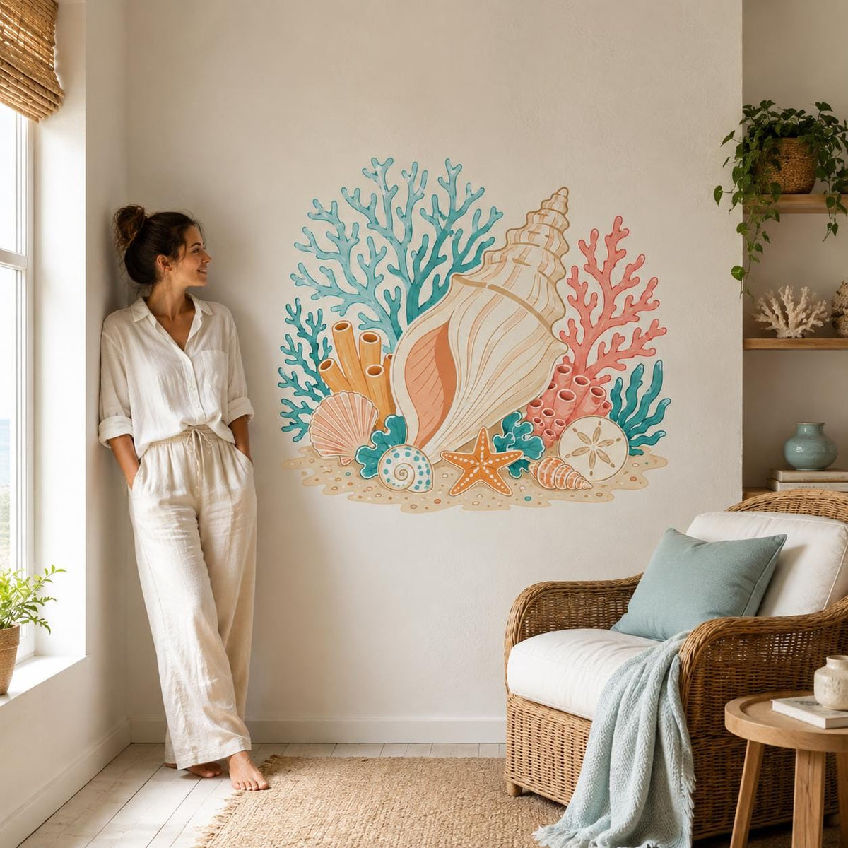 Bathroom seashell decal with an orange starfish, cream shell centerpiece and turquoise reef accents.