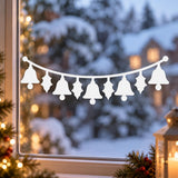 White vinyl window garland with five hanging bells and four holly leaves arranged along a gently curved line.