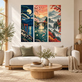 Japanese triptych wall decal with a moonlit torii gate, koi fish below a bridge and a waterfall near a pagoda.