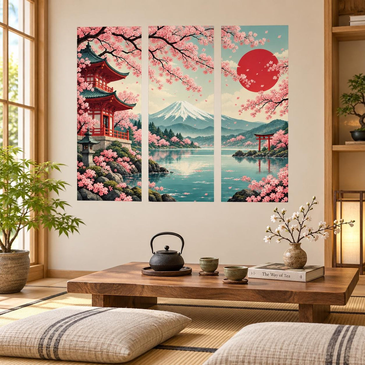 Sakura landscape wall art in three panels featuring Mount Fuji, a red sun and pink flowering branches.