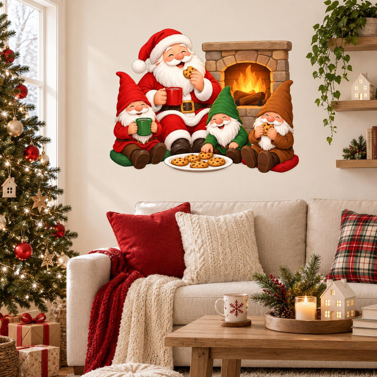 Holiday wall sticker showing Santa with three Christmas gnomes, red and green mugs and chocolate chip cookies.