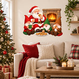 Holiday wall sticker showing Santa with three Christmas gnomes, red and green mugs and chocolate chip cookies.