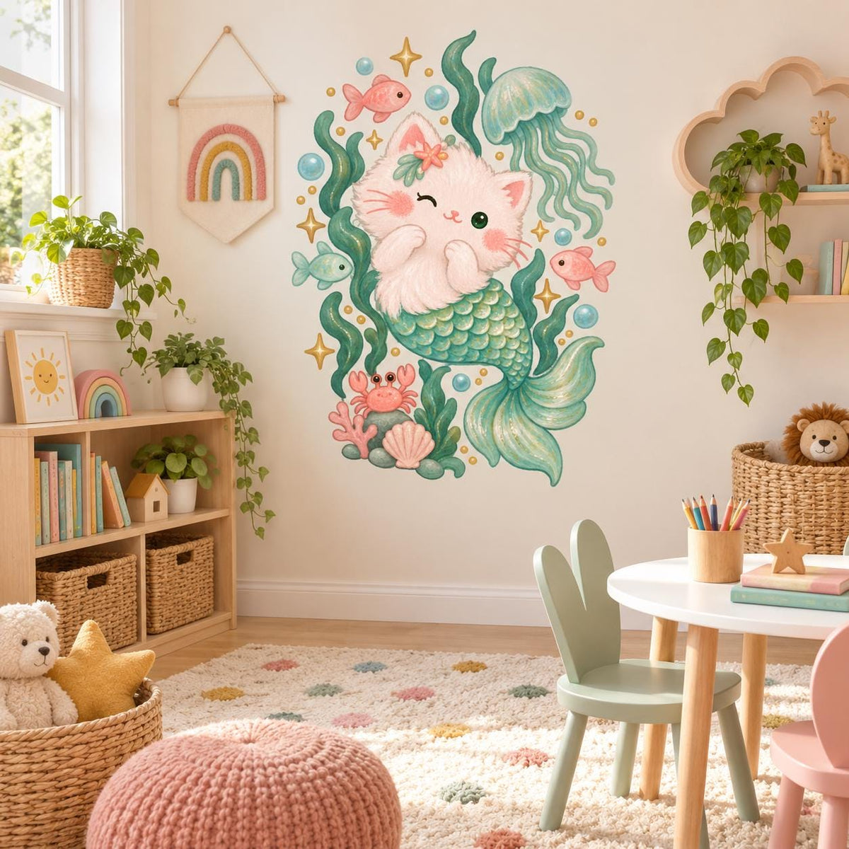 Ocean nursery wall decal with a cat mermaid, floating jellyfish, small fish, seaweed and a pink crab.