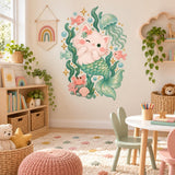 Ocean nursery wall decal with a cat mermaid, floating jellyfish, small fish, seaweed and a pink crab.