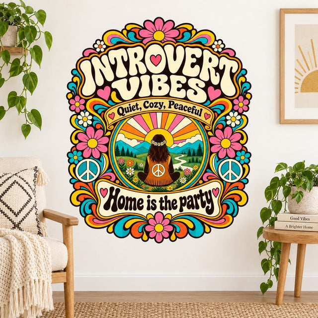 Retro floral wall decal with a seated figure, mountain landscape, peace signs and the wording Introvert Vibes, Quiet, Cozy, Peaceful, Home is the party.