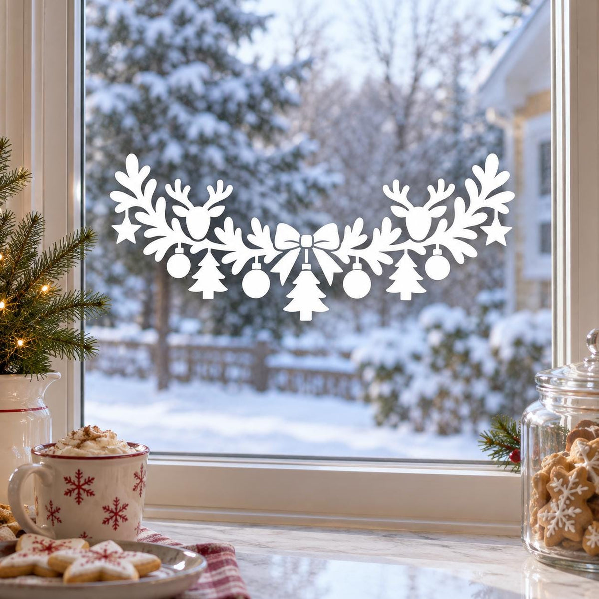 Christmas Reindeer Garland Window Decal | White Holiday Window Sticker | Winter Glass Decor | Scandinavian Style | Vinyl Christmas Decor