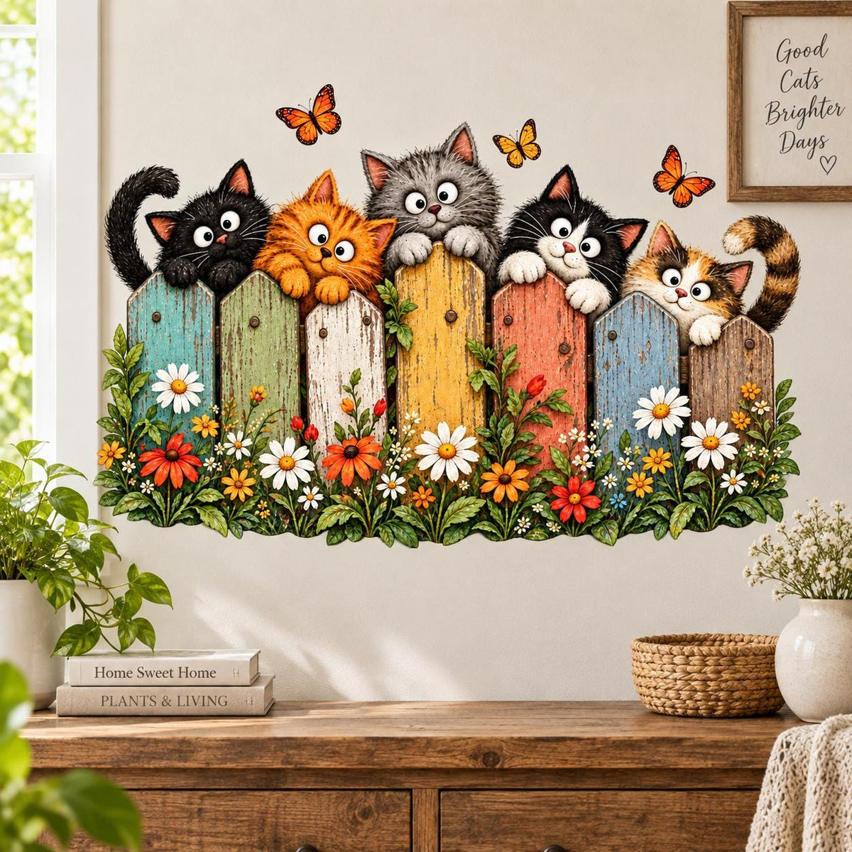 Five playful cats peeking over a colorful wooden garden fence with daisies, warm colored flowers, green leaves and orange butterflies.