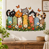 Five playful cats peeking over a colorful wooden garden fence with daisies, warm colored flowers, green leaves and orange butterflies.