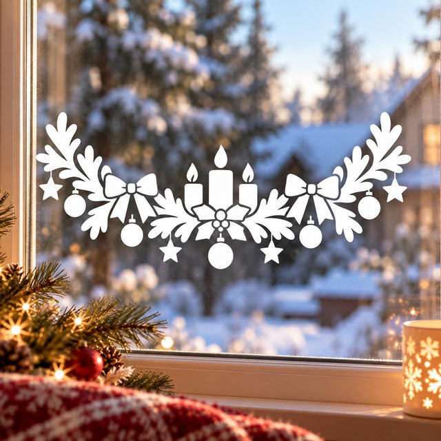 White Christmas window decal with three candles, evergreen branches, ribbon bows, hanging ornaments and stars on glass.