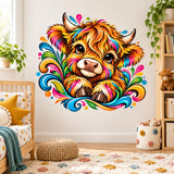 Highland calf wall art showing orange shaggy hair, curved horns, big eyes and yellow, green and blue swirling accents.