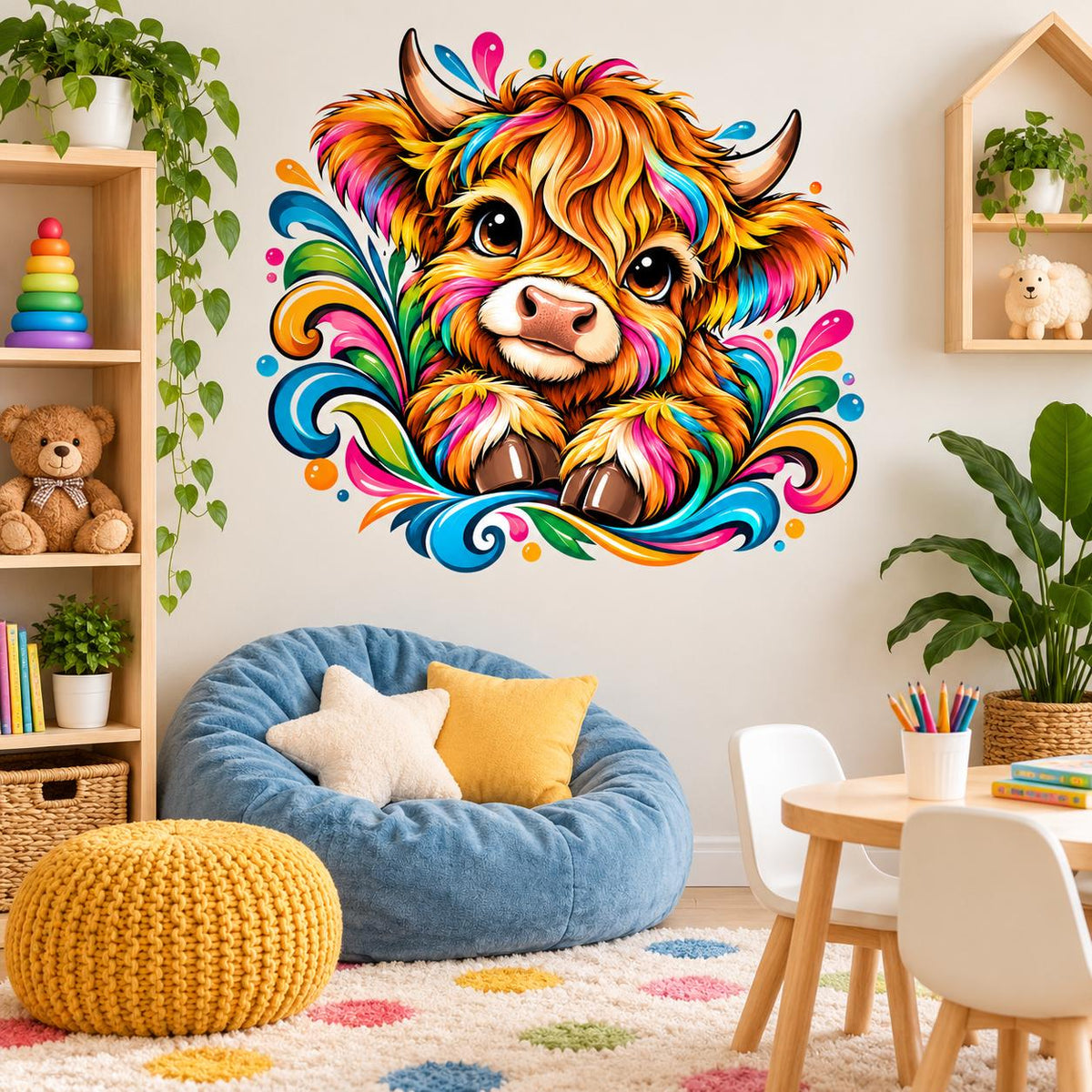 Colorful Highland calf wall sticker with shaggy orange hair, curved horns and vibrant turquoise and pink swirls.