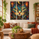 Celestial cat wall decal with golden-green eyes, jewel-toned stained glass patterns and stars and planets.