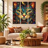 Fantasy feline wall sticker with a cat surrounded by colorful stained glass motifs, celestial stars and planets.