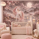 Unicorn Wall Mural Decal | Moonlit Pink Unicorn Vinyl Wall Decor | Cherry Blossom Nursery Decor | Girls Bedroom Fantasy Mural Celestial