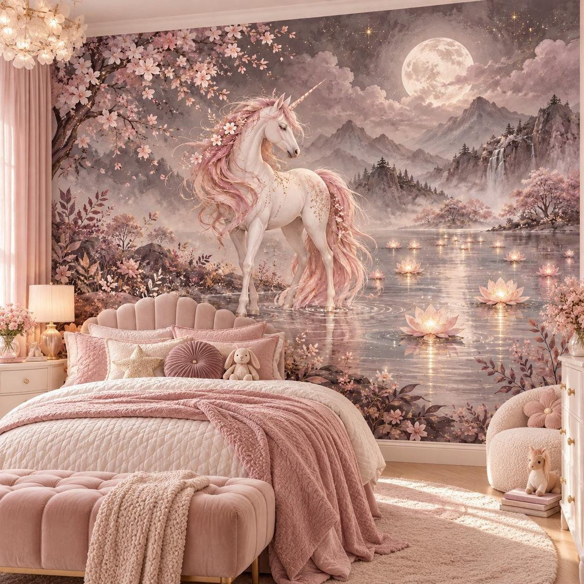 Unicorn Wall Mural Decal | Moonlit Pink Unicorn Vinyl Wall Decor | Cherry Blossom Nursery Decor | Girls Bedroom Fantasy Mural Celestial