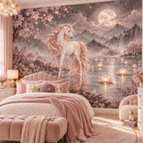Unicorn Wall Mural Decal | Moonlit Pink Unicorn Vinyl Wall Decor | Cherry Blossom Nursery Decor | Girls Bedroom Fantasy Mural Celestial