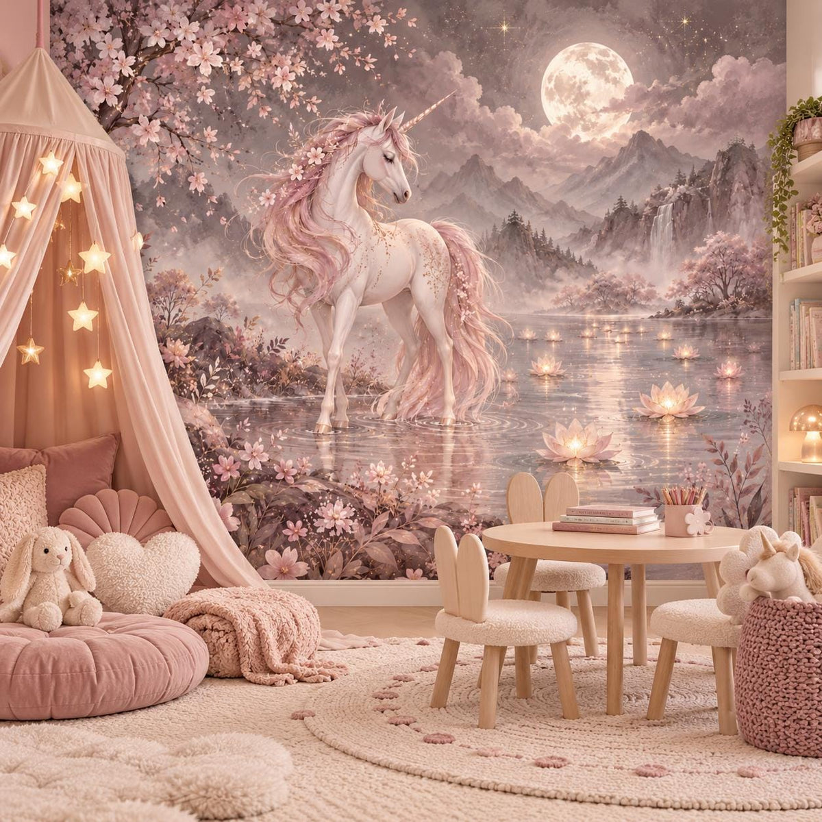 Unicorn Wall Mural Decal | Moonlit Pink Unicorn Vinyl Wall Decor | Cherry Blossom Nursery Decor | Girls Bedroom Fantasy Mural Celestial