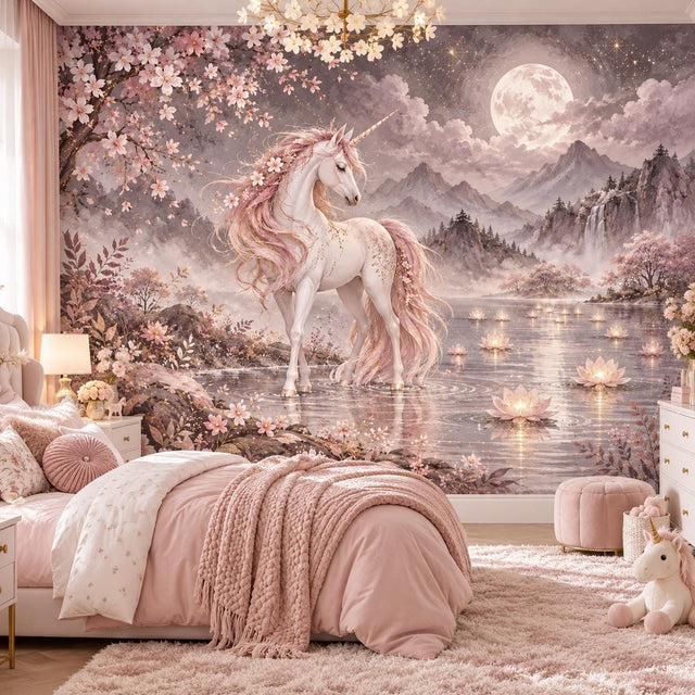 White unicorn with a pink mane beside a moonlit lake, cherry blossoms, lotus flowers and misty mountains in a bedroom wall mural.