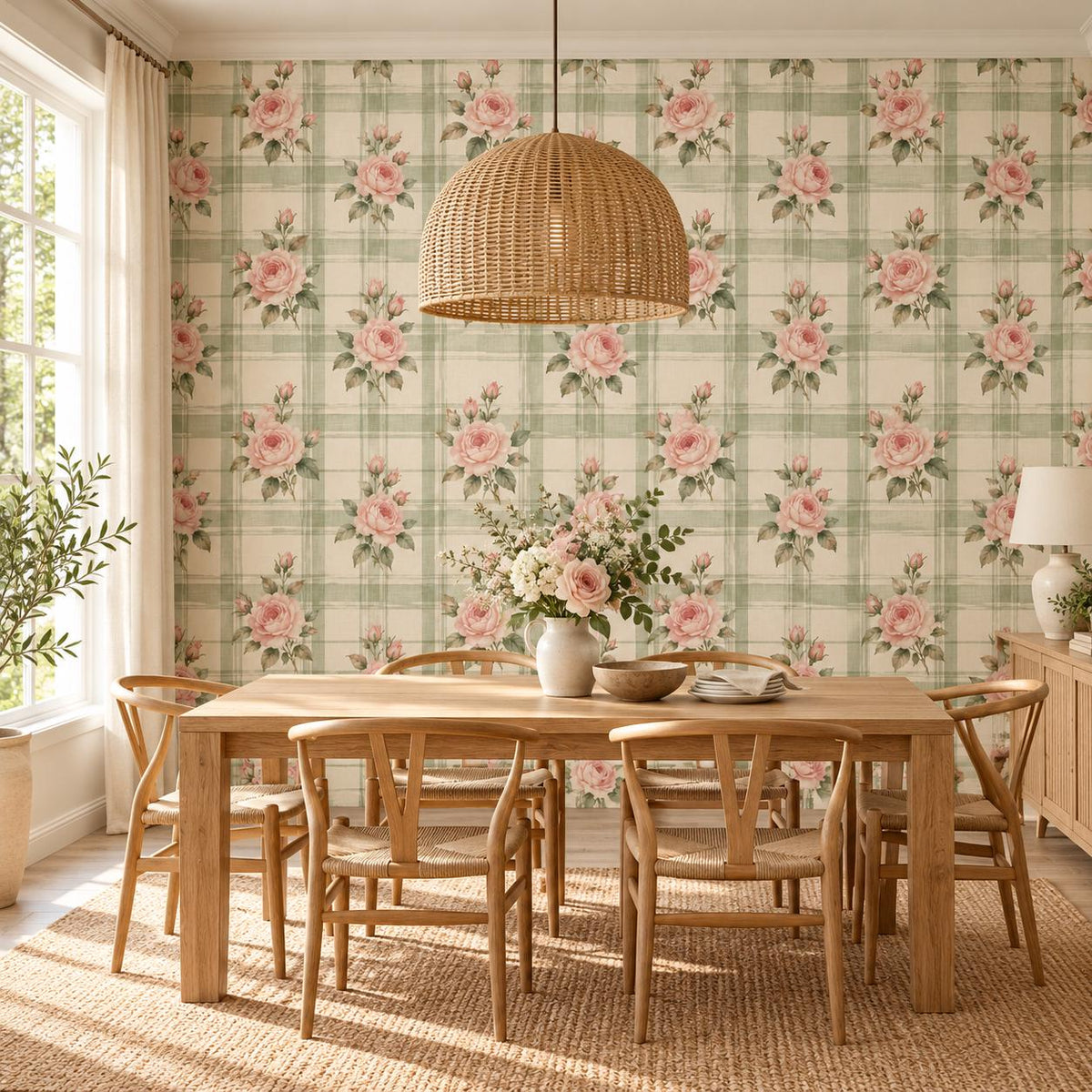 Pink Rose Floral Plaid Wallpaper | Self Adhesive Vinyl Wall Mural | Cottage Kitchen Decor | Vintage English Country Pattern | Sage Green