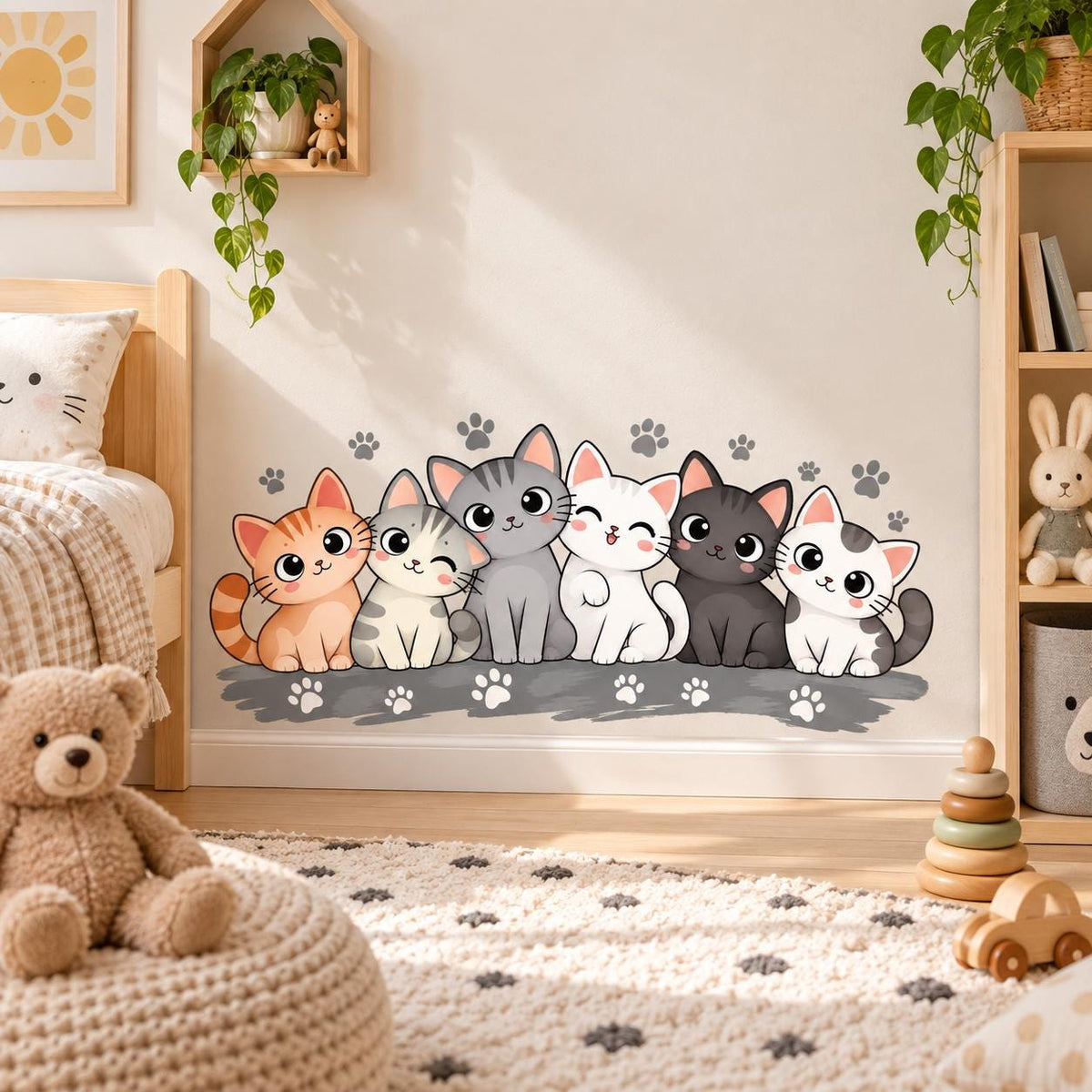 Cartoon cats wall sticker showing six seated cats in orange, cream, gray, charcoal and white with paw-print accents.