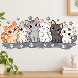 Six cartoon cats with orange, cream, gray, charcoal and white coats, seated in a row with gray paw prints around them.