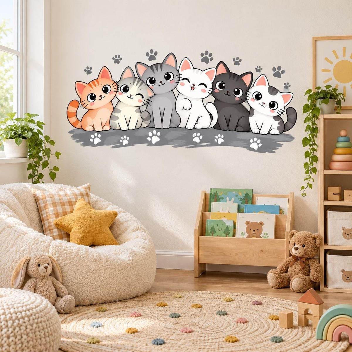 Six cute cats nursery wall art with orange, cream and gray cats seated together above scattered paw prints.