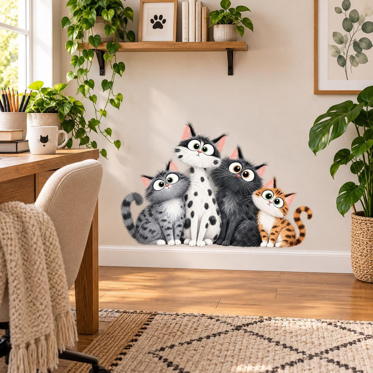 Four Cartoon Cats Wall Decal | Cute Cat Nursery Decor | Kids Room Animal Wall Sticker | Whimsical Cat Lover Wall Decoration | Printed Vinyl