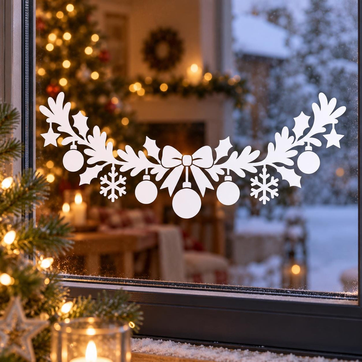 Christmas Garland Window Decal | White Bow, Ornaments and Snowflakes | Holiday Vinyl Wall Decal | Festive Window Decor | Glass Door Accent