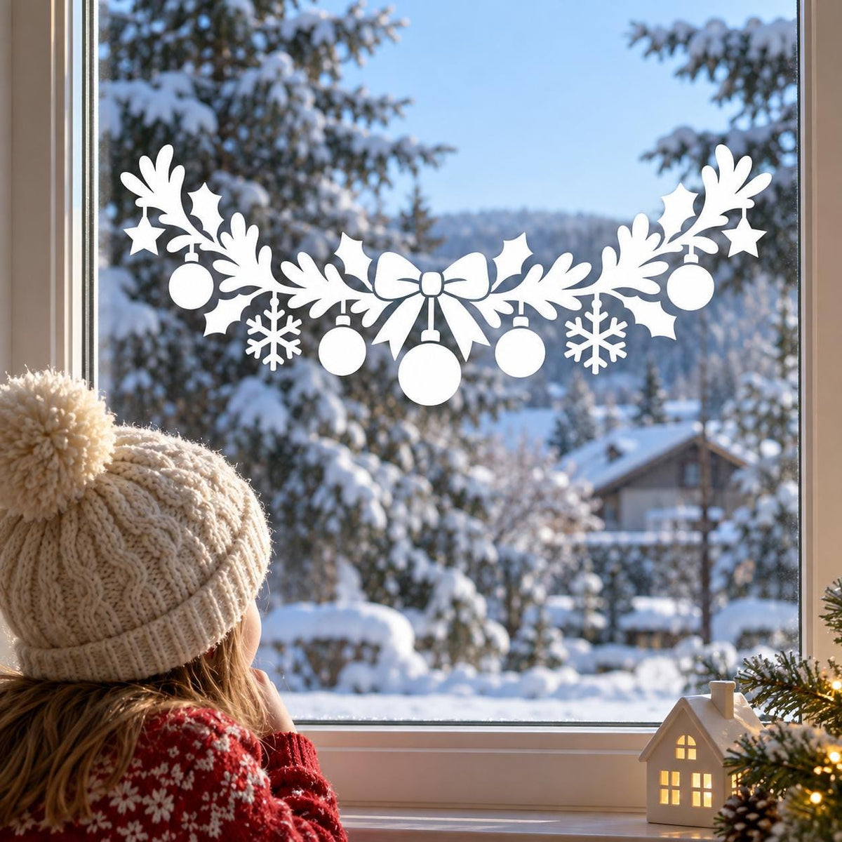 Christmas Garland Window Decal | White Bow, Ornaments and Snowflakes | Holiday Vinyl Wall Decal | Festive Window Decor | Glass Door Accent
