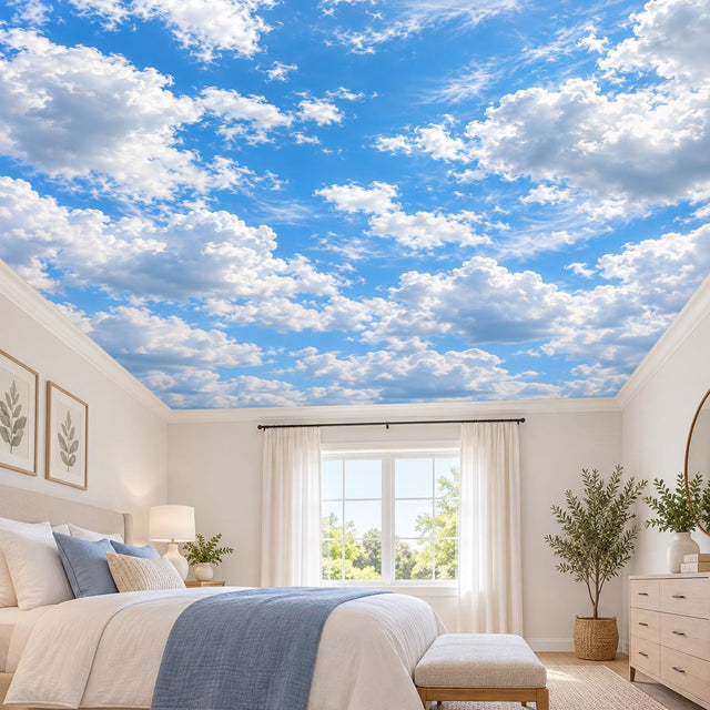 Bedroom ceiling covered with a blue sky mural featuring white and softly shaded gray clouds above blue bedding and white curtains.
