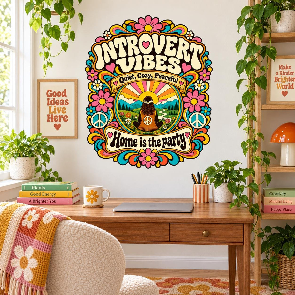 Retro homebody wall decal with the words Introvert Vibes and a seated figure among flowers, mountains and peace signs.