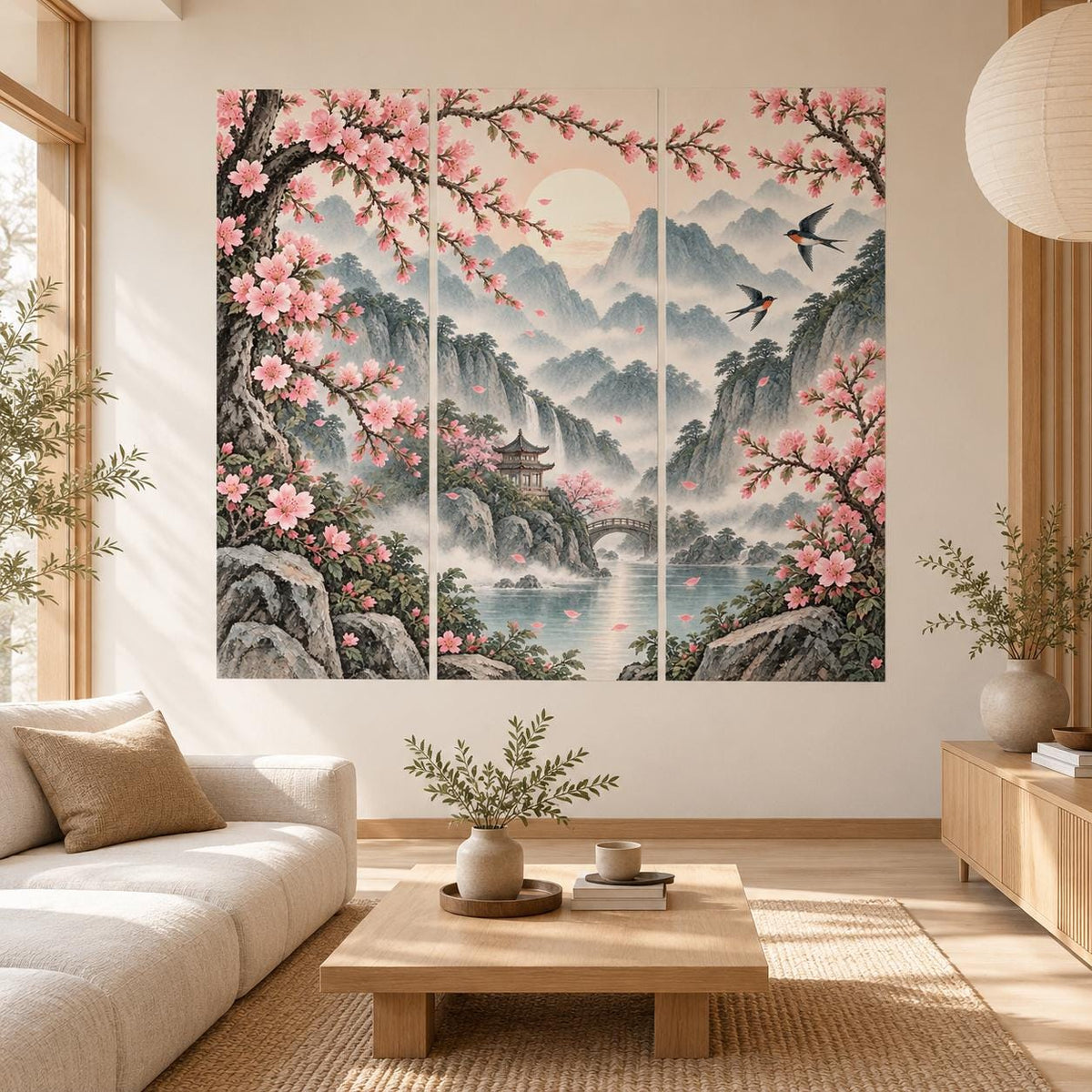 Cherry Blossom Mountain Landscape Wall Decal | Misty Pagoda and Bridge Scene | Vinyl Wall Decor for Bedroom or Living Room | Three Panel