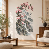 Pink Magnolia Mountain Wall Decal | Watercolor Waterfall Landscape Wall Sticker | East Asian Inspired Bedroom Decor | Vinyl Wall Decor Zen
