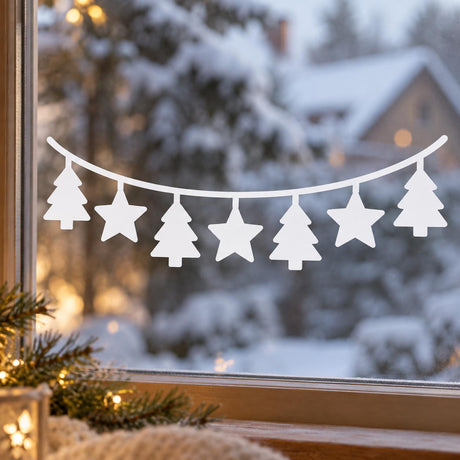 White vinyl window decal showing three Christmas trees and three five point stars hanging along a curved garland.