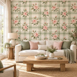 Pink Rose Floral Plaid Wallpaper | Self Adhesive Vinyl Wall Mural | Cottage Kitchen Decor | Vintage English Country Pattern | Sage Green