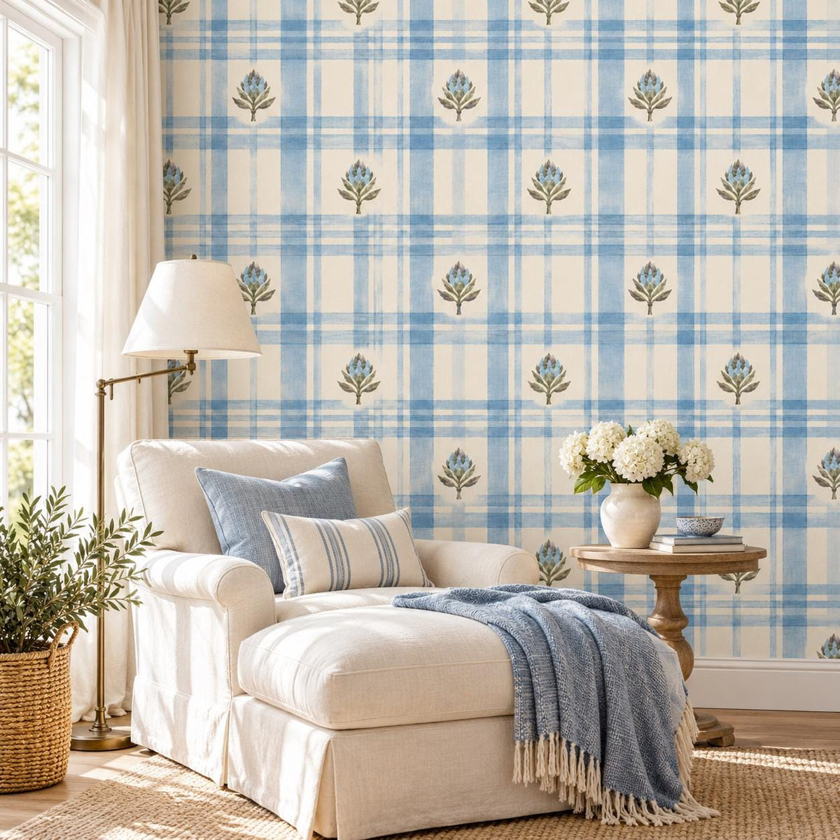 Blue Botanical Plaid Self Adhesive Vinyl Wallpaper | Watercolor Floral Gingham Wall Mural | Cottage Living Room Decor | Cream Accent Wall