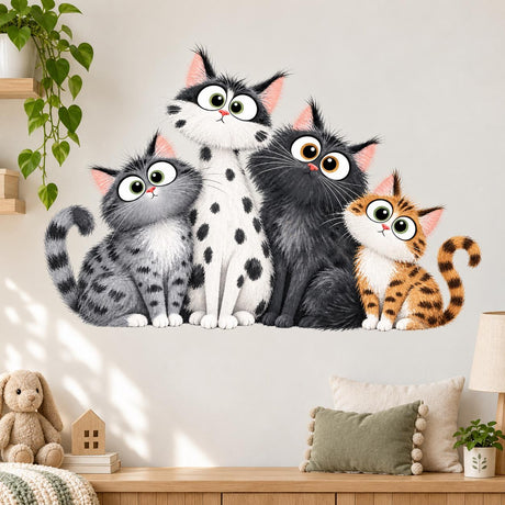 Four cartoon cats with gray, black, white and orange coats, large round eyes and pink ears shown as a wall decal.