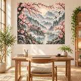 Cherry Blossom Mountain Landscape Wall Decal | Misty Pagoda and Bridge Scene | Vinyl Wall Decor for Bedroom or Living Room | Three Panel