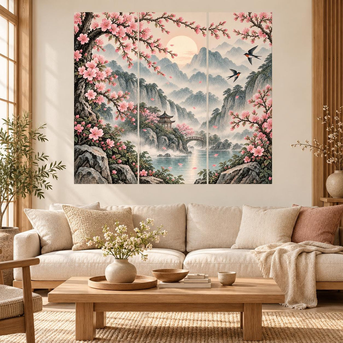 Cherry Blossom Mountain Landscape Wall Decal | Misty Pagoda and Bridge Scene | Vinyl Wall Decor for Bedroom or Living Room | Three Panel