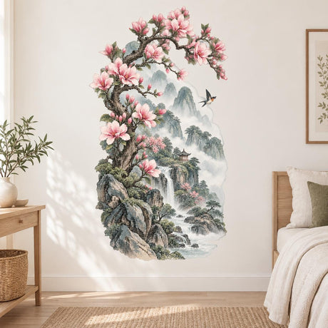 Pink magnolia tree wall decal with misty blue gray mountains, waterfalls, rocky cliffs, a pavilion and a bird.