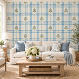 Blue Botanical Plaid Self Adhesive Vinyl Wallpaper | Watercolor Floral Gingham Wall Mural | Cottage Living Room Decor | Cream Accent Wall