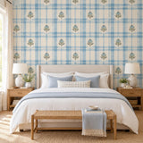 Blue Botanical Plaid Self Adhesive Vinyl Wallpaper | Watercolor Floral Gingham Wall Mural | Cottage Living Room Decor | Cream Accent Wall