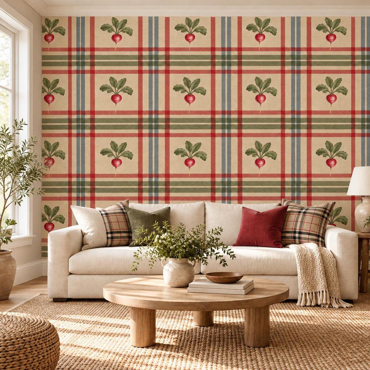 Radish Plaid Self Adhesive Vinyl Wallpaper | Farmhouse Kitchen Wall Mural | Cottagecore Vegetable Wall Covering | Vintage Country Decor Art
