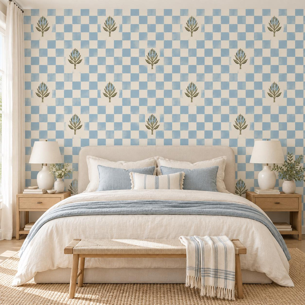 Blue Botanical Checkered Wallpaper | Self Adhesive Vinyl Wall Mural | Cottage Dining Room Decor | Watercolor Check Pattern | Wall Accent