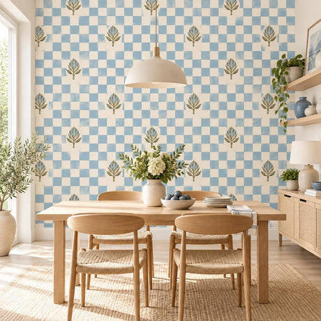 Pale blue and cream checkered wallpaper with delicate olive, taupe and blue gray botanical sprigs.