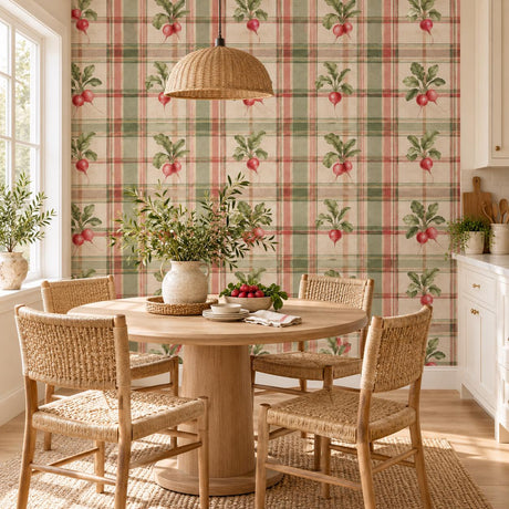 Burgundy and purple watercolor radishes with green leaves on cream wallpaper with a fine gray plaid grid.