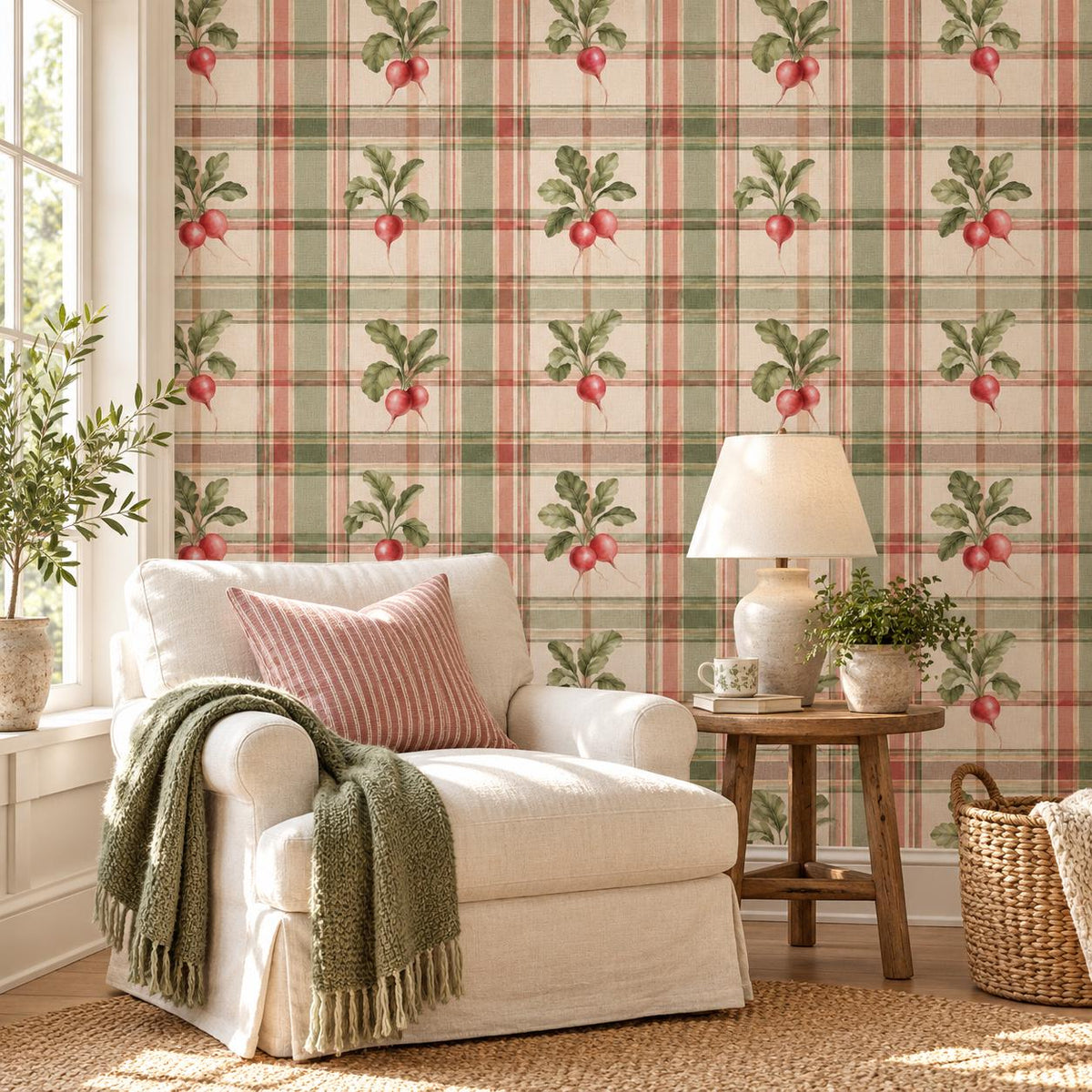 Radish Plaid Self Adhesive Wallpaper | Vintage Vegetable Kitchen Wall Mural | Cottagecore Dining Room Decor | Vinyl Wall Covering Panels