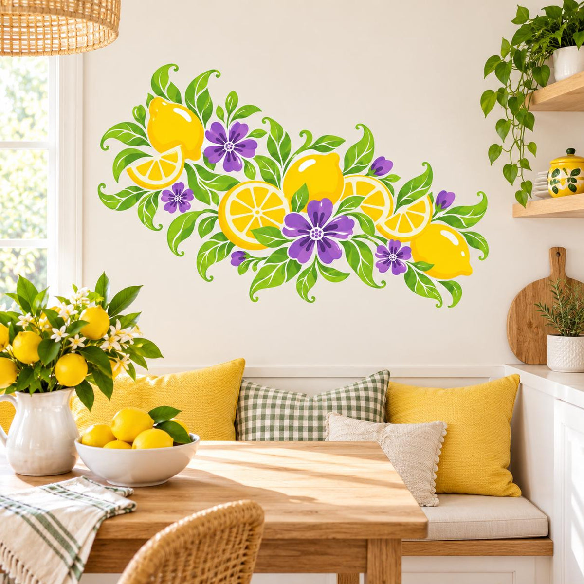 Lemon and Purple Floral Wall Decal | Citrus Vinyl Wall Sticker for Kitchen | Botanical Dining Decor | Mediterranean Inspired Kitchen Decor