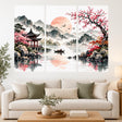 Three section Asian landscape wall decal with misty mountains, a peach sun, a lake, a boat, a red pavilion and pink blossoms.