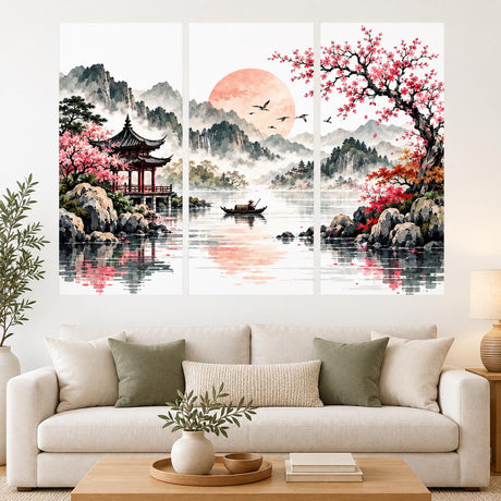 Three section Asian landscape wall decal with misty mountains, a peach sun, a lake, a boat, a red pavilion and pink blossoms.